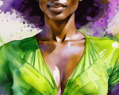 Watercolor illustration of an African American woman in a green dress wearing whole body deodorant