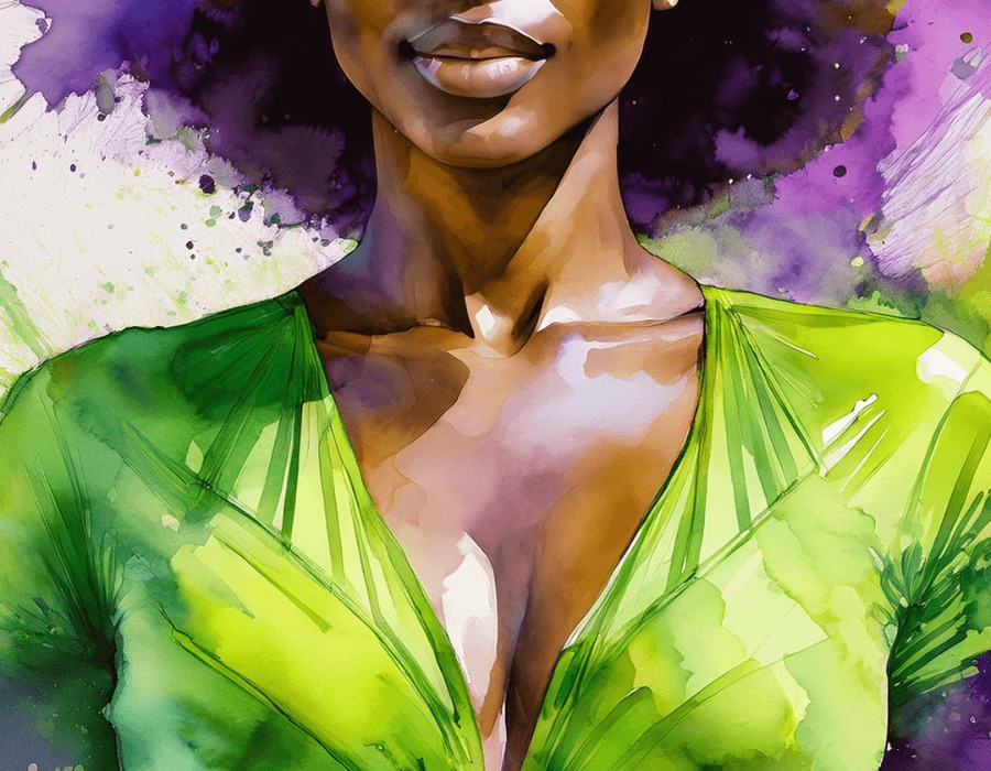 Watercolor illustration of an African American woman in a green dress wearing whole body deodorant