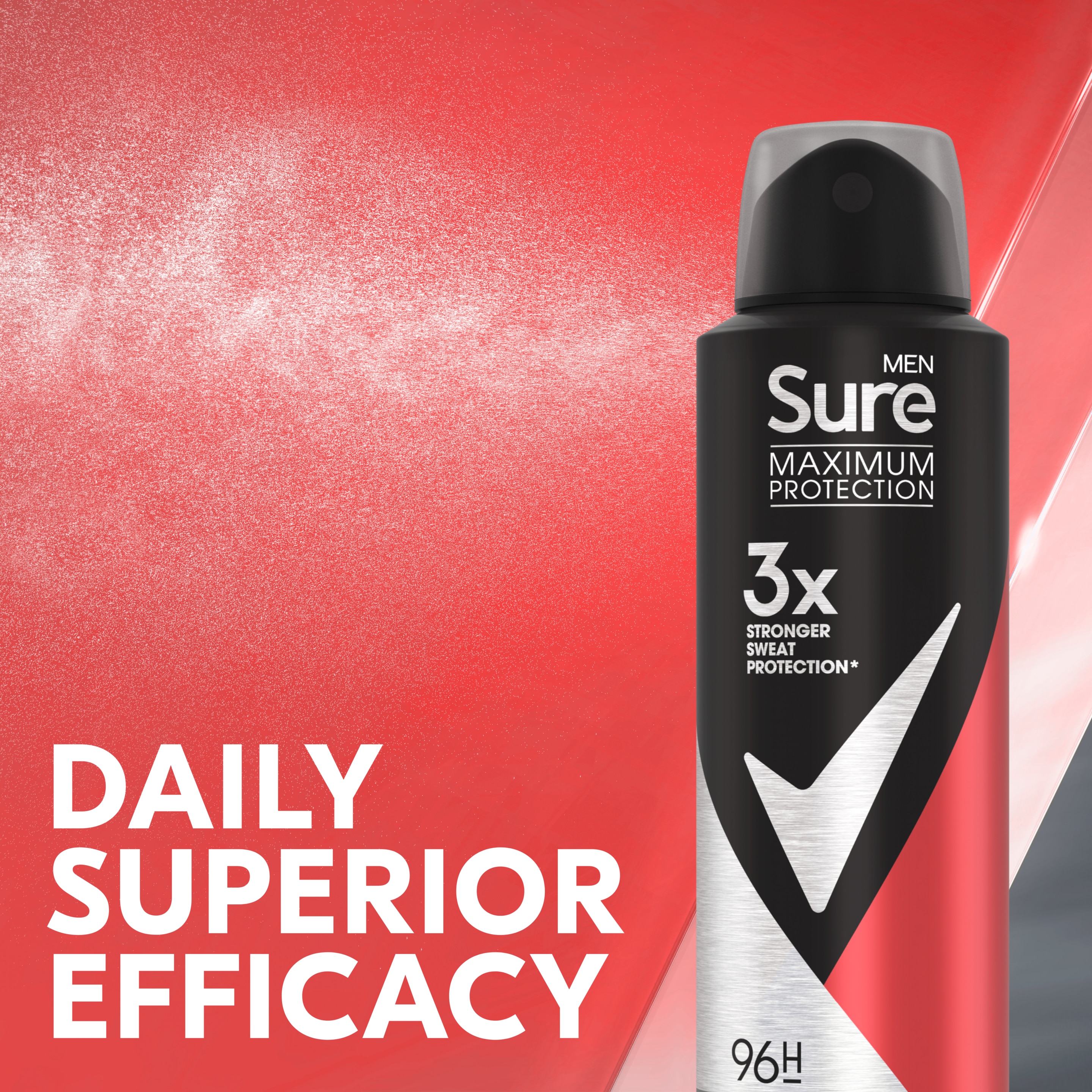 Sure Men Maximum Protection Sport Active Men's Deodorant Spray with 3x stronger* sweat protection Anti-Perspirant Aerosol for 96 hour protection against sweat and odour 6x 150 ml packshot