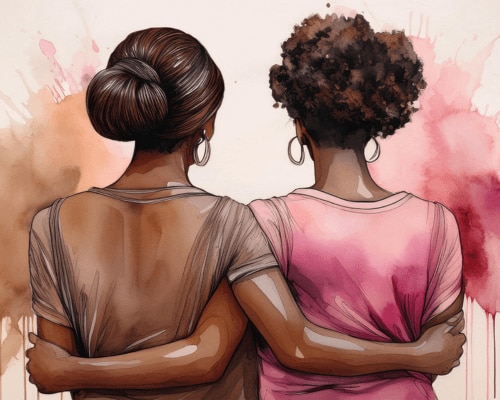 Watercolor illustration of two women with their arms around each other