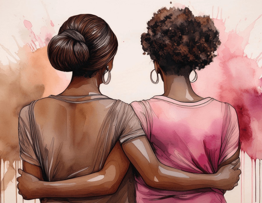 Watercolor illustration of two women with their arms around each other