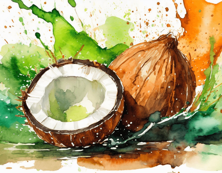 Watercolor illustration of coconut elements