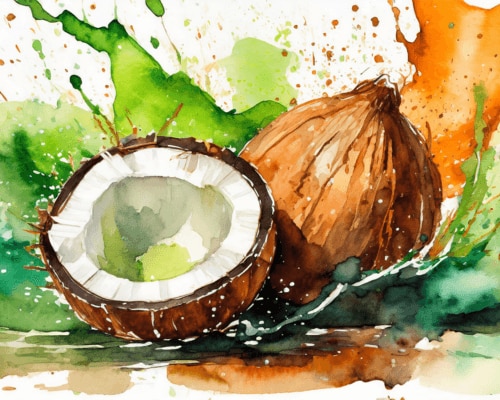 Watercolor illustration of coconut elements