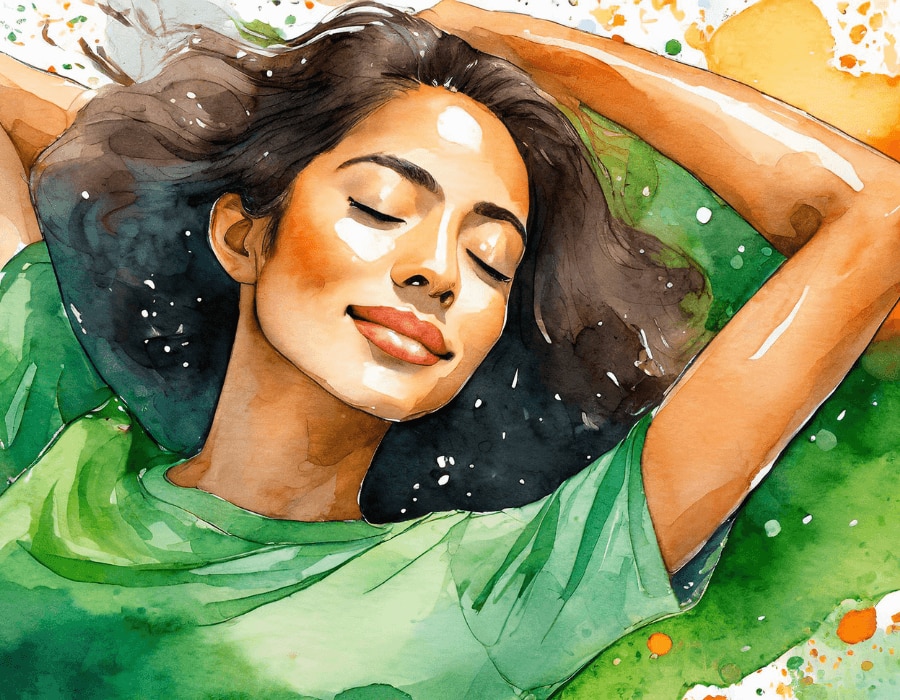 Watercolor illustration of a woman looking relaxed about understanding why we sweat