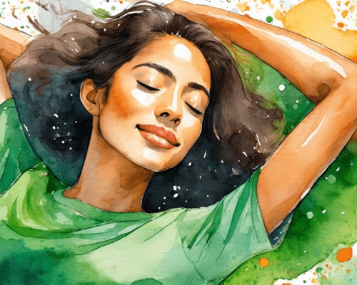 Watercolor illustration of a woman looking relaxed about understanding why we sweat