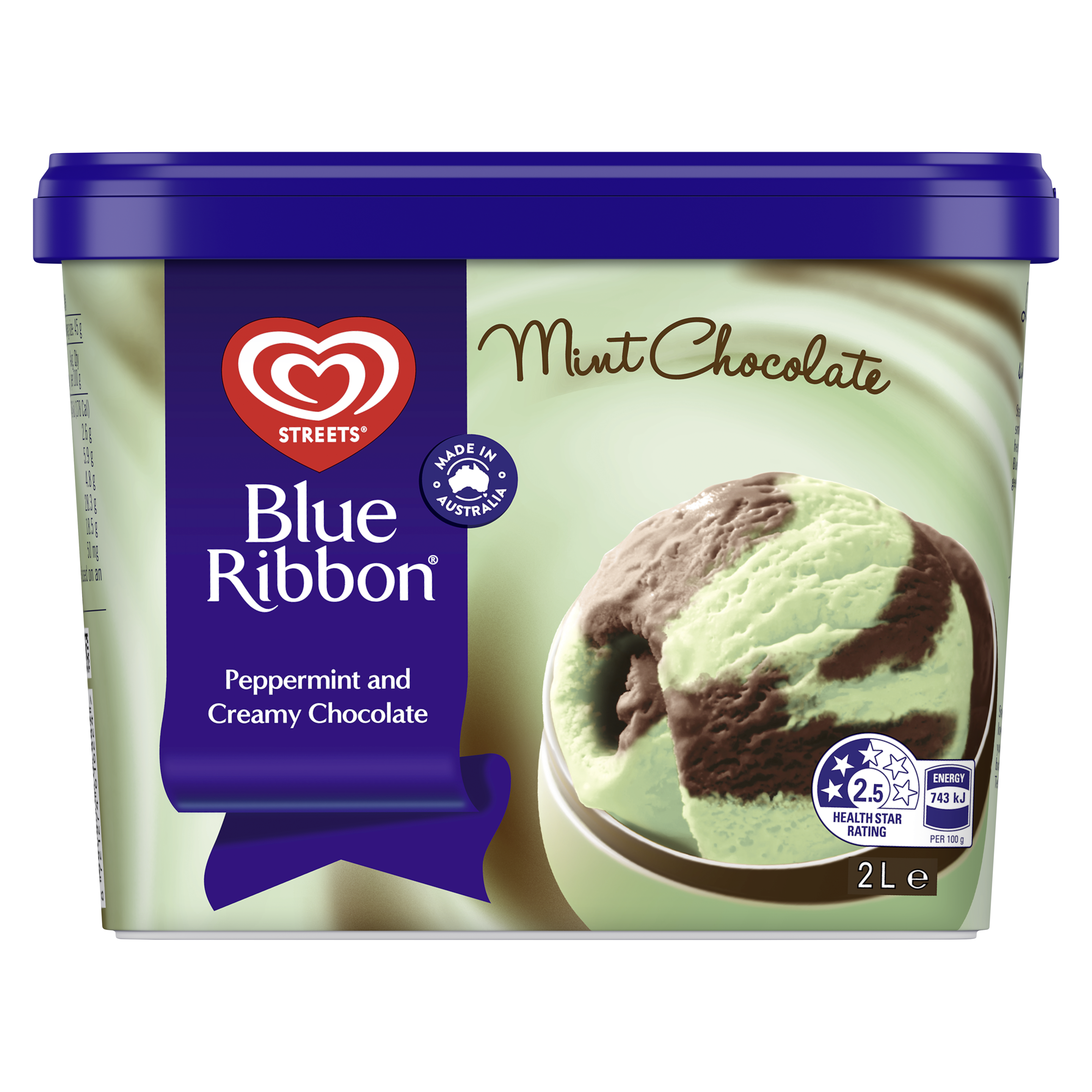 Blue Ribbon ice cream tub coloured with swirls of brown and green. 'Mint Chocolate' written above an ice cream scoop. packshot