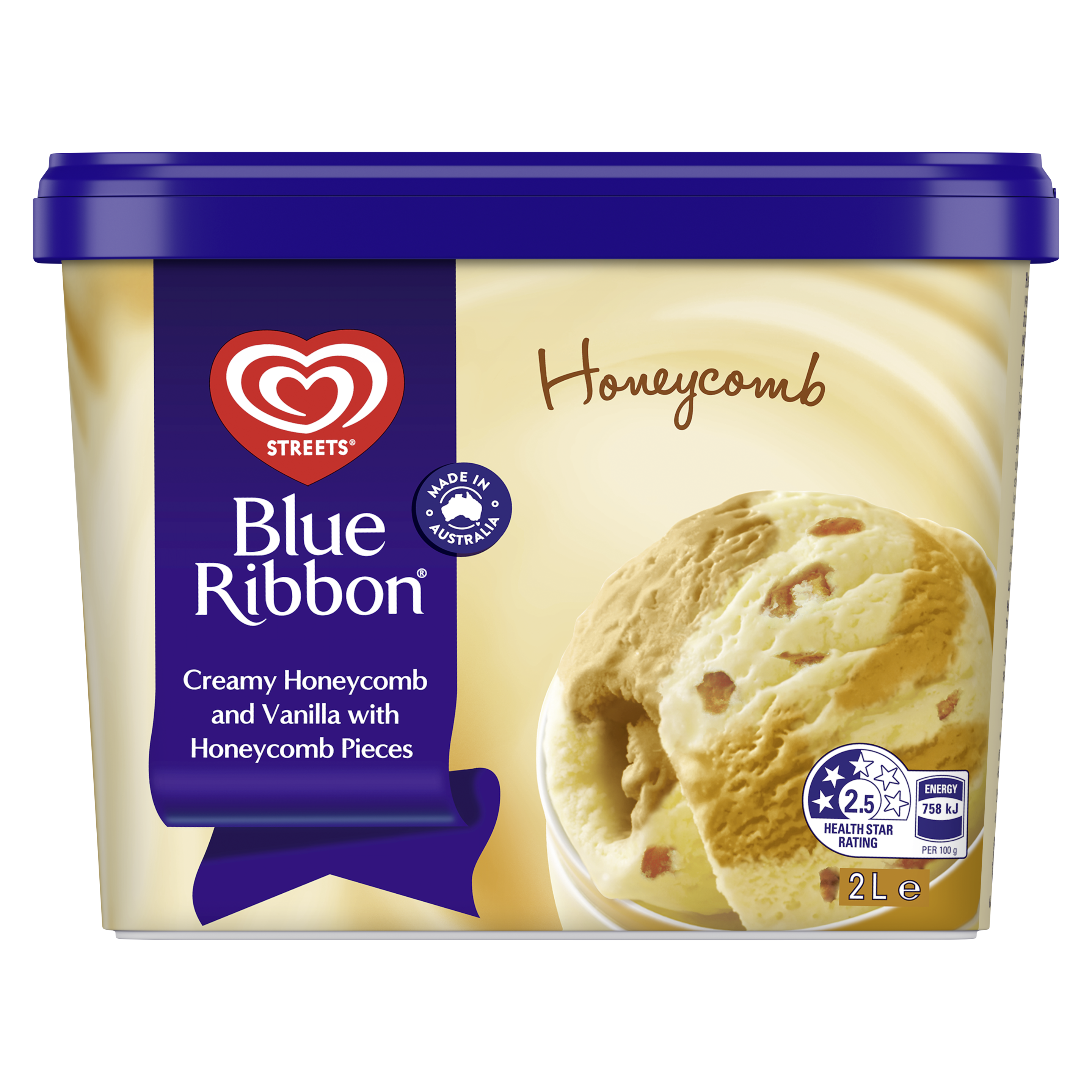 Blue Ribbon ice cream tub coloured with swirls of light brown. 'Honeycomb' written above an ice cream scoop. packshot