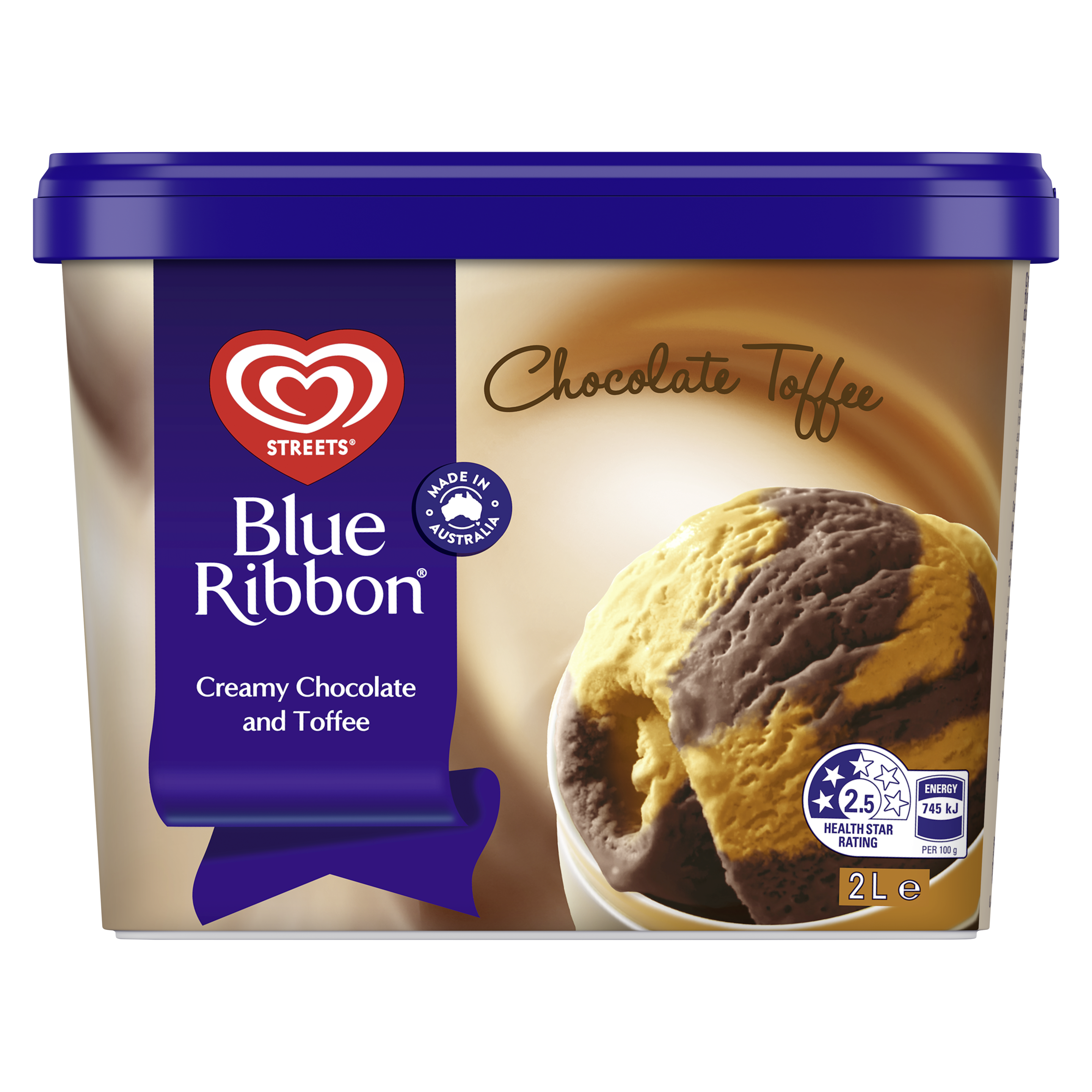 Blue Ribbon ice cream tub coloured with swirls of brown. 'Chocolate Toffee' written above an ice cream scoop. packshot