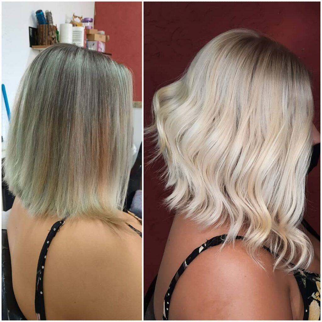 Foto de antes e depois de mulher loira perfil, um exemplo de como tirar o cinza do cabelo