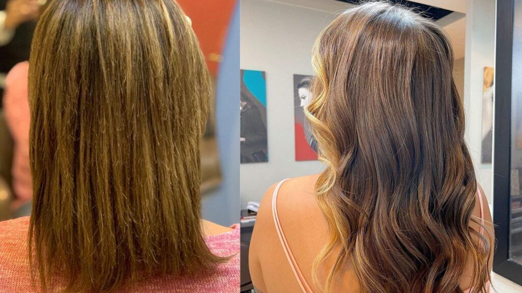 Antes e depois de corte químico no cabelo castanho
