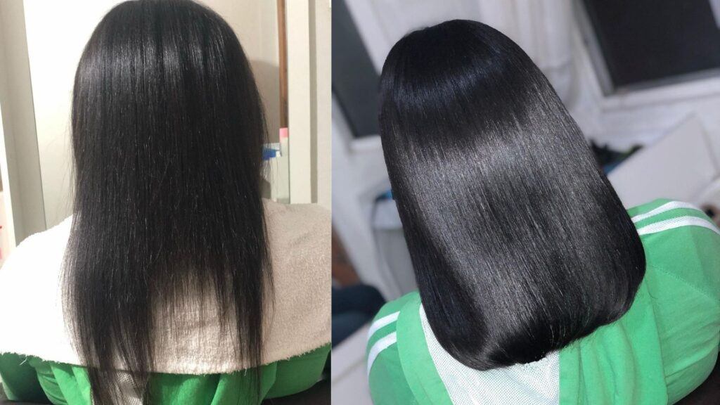 Antes e depois no corte químico no cabelo preto e liso