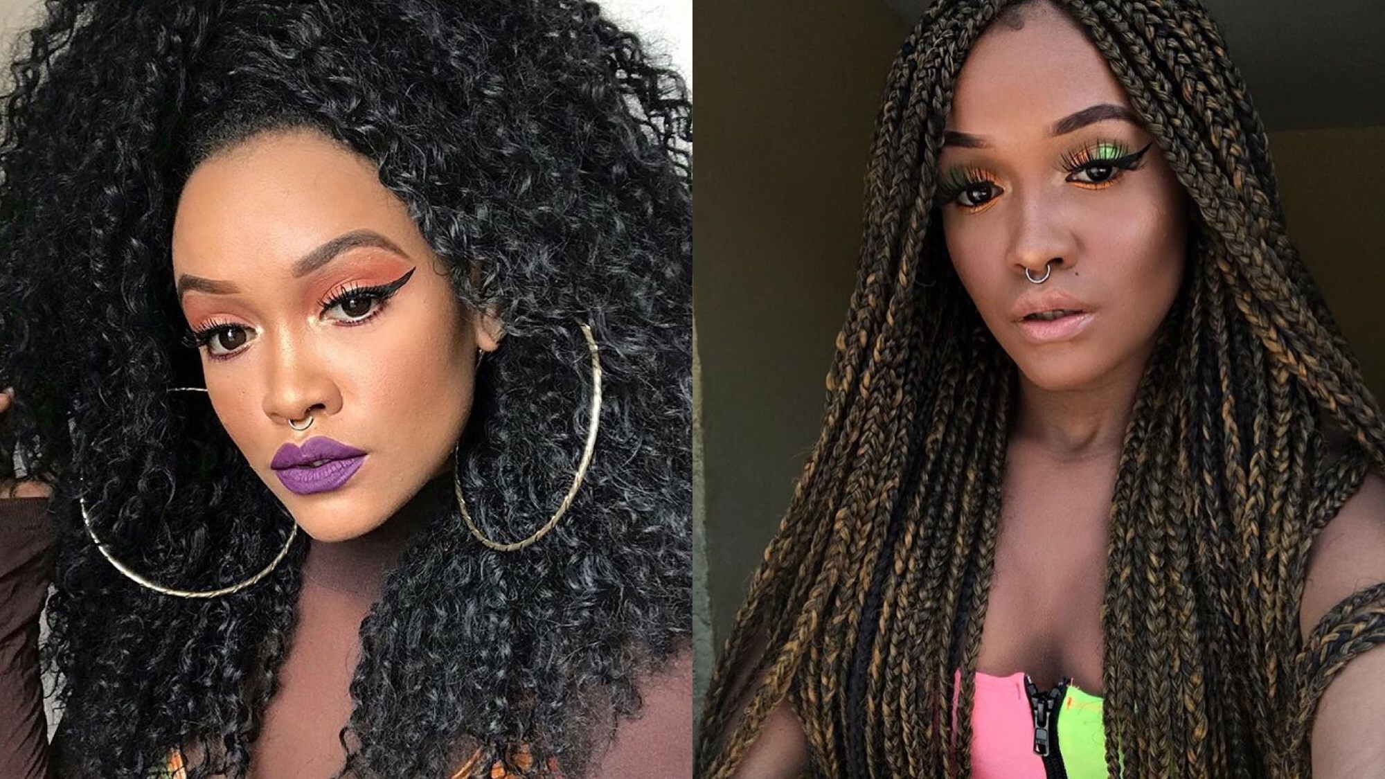 Cabelo cacheado comprido e box braids cor de Mel