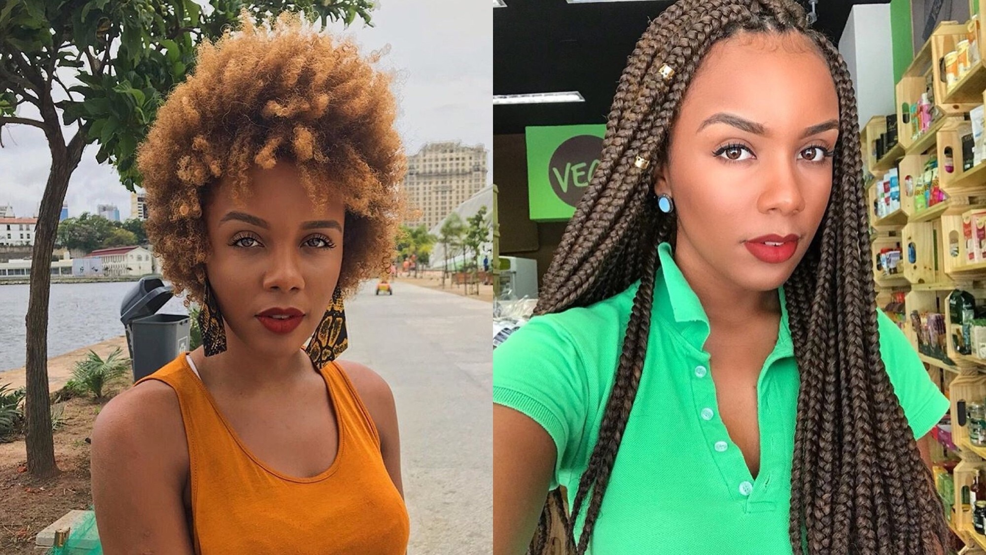 Cabelo crespo afro ruivo e box braids cor de mel