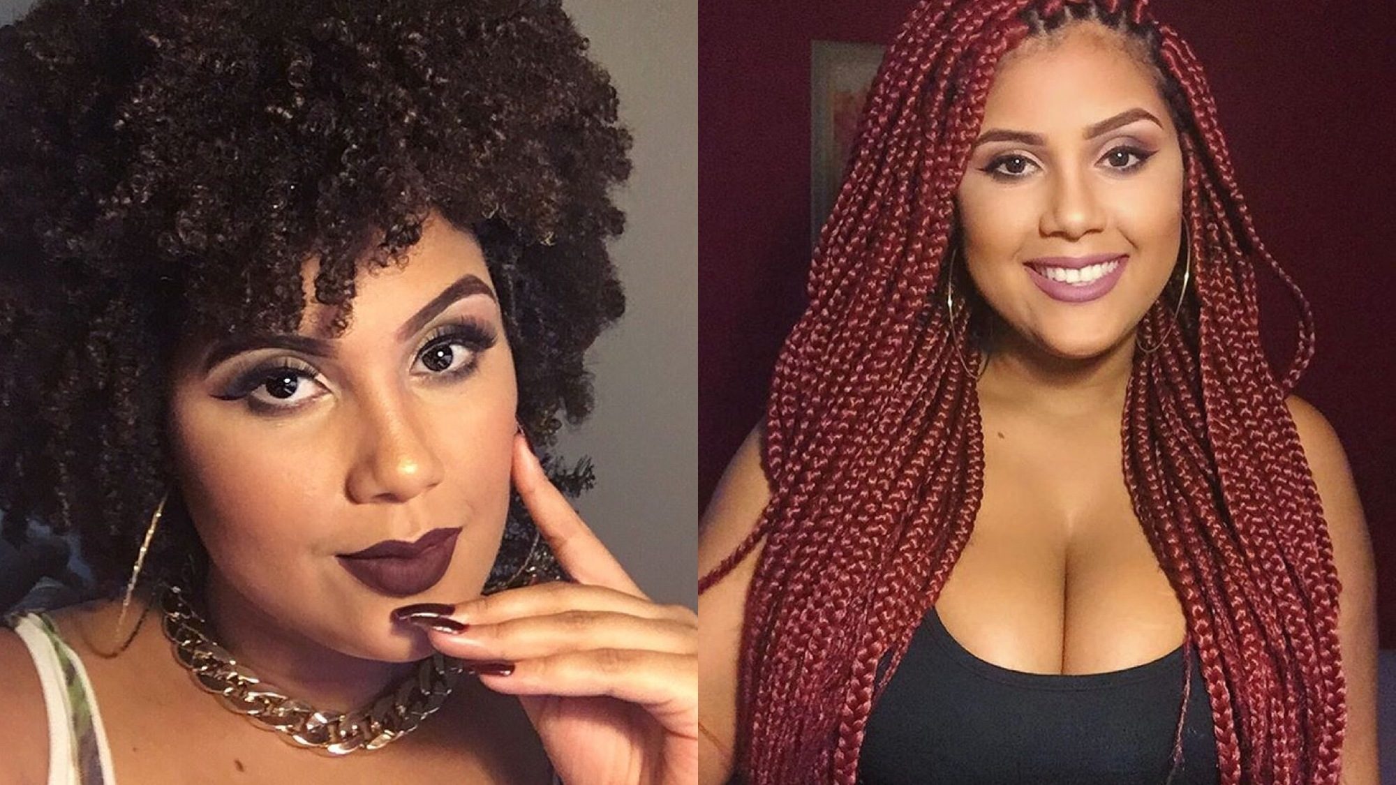 Cabelo crespo cacheado e Box braids vermelhas