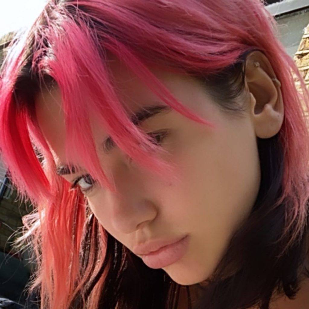 cantora dua lipa com cabelo rosa e preto