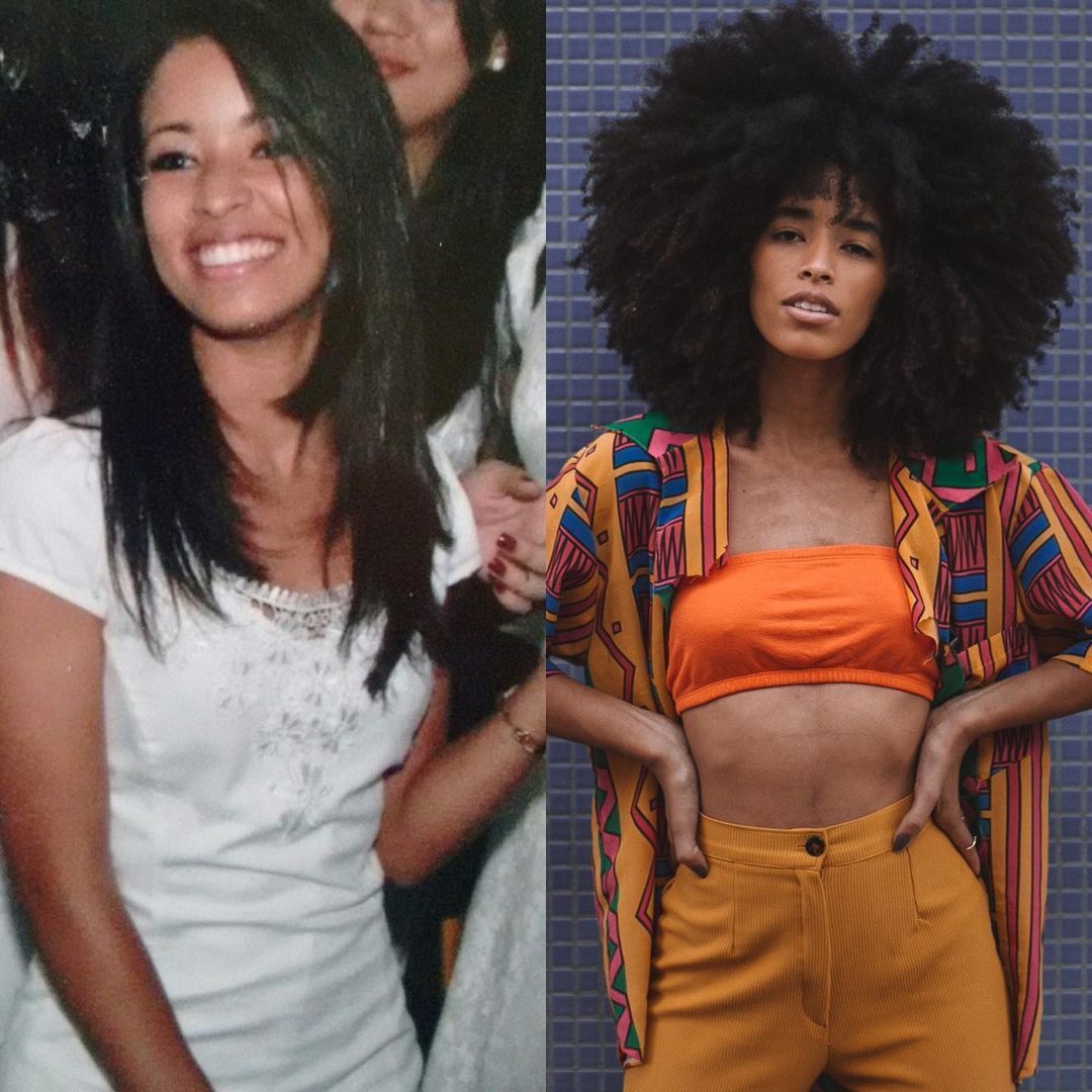 Montagem de fotos mostra o antes e depois da transição capilar da influenciadora Amanda Mendes. À esquerda, ela aparece em foto antiga com cabelo alisado e, à direita, com cabelo crespo no estilo black power