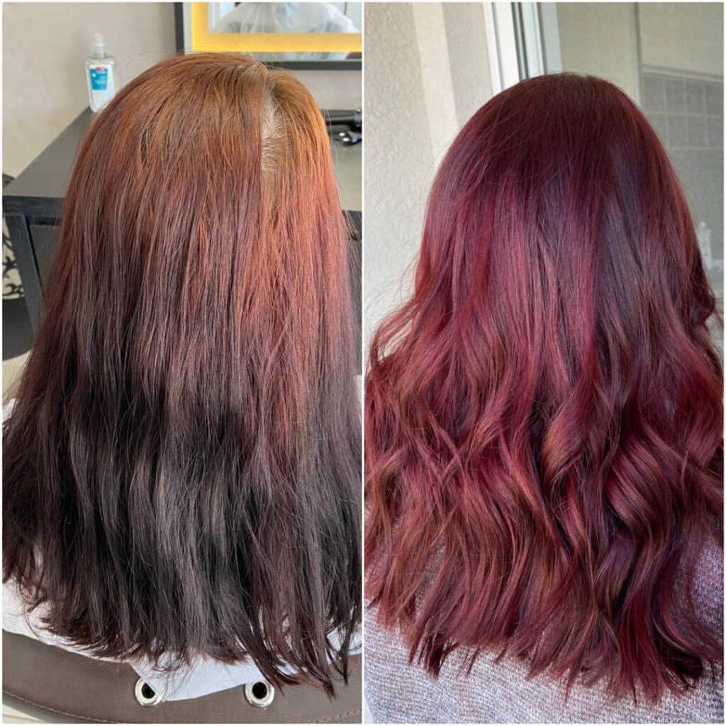 Foto de antes e depois de mulher ruiva com cabelo marsala longo depois de fazer a shampoozada nos fios