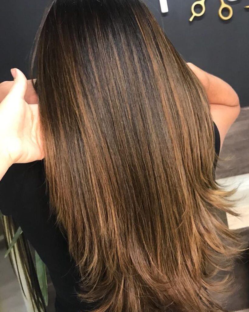 Mulher com reflexo no cabelo preto ou castanho escuro