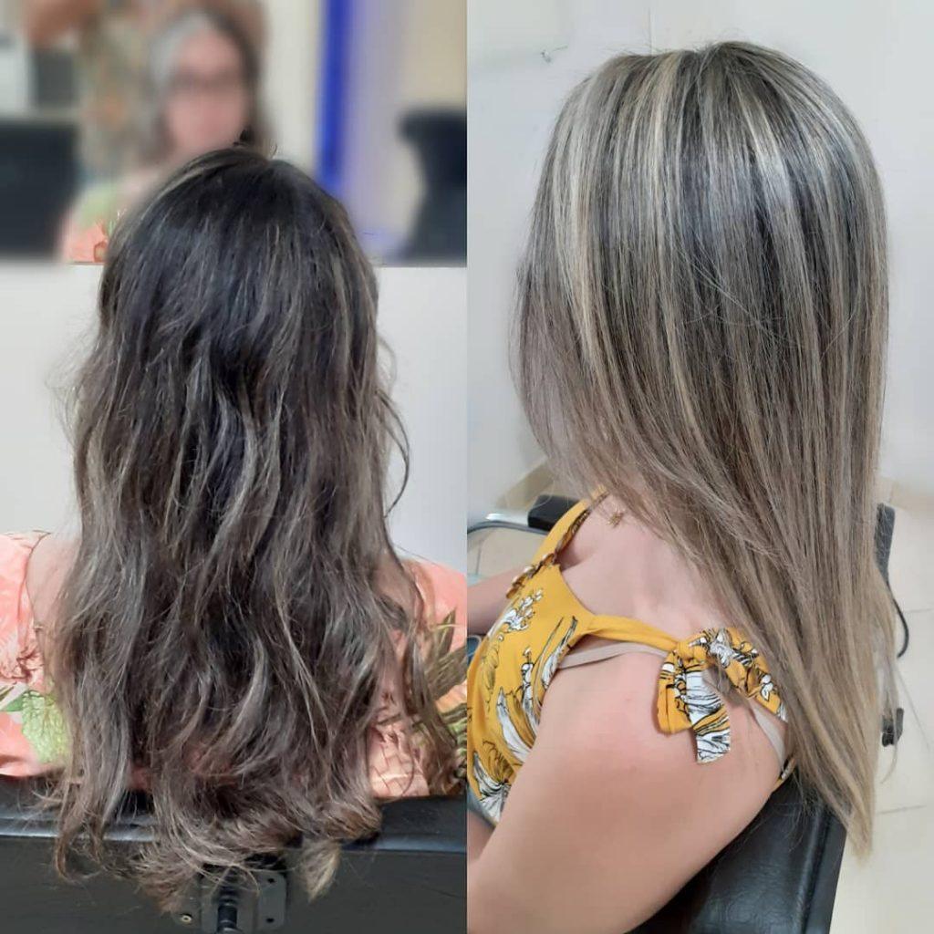 antes e depois de reposição de massa capilar em cabelo loiro
