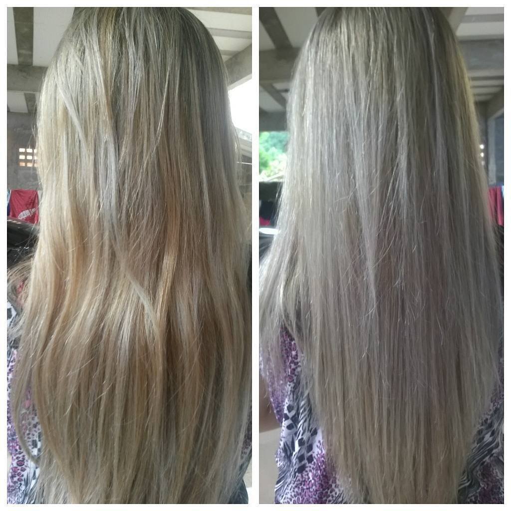 Mulher de costas com cabelo loiro descolorido antes e depois da shampoozada