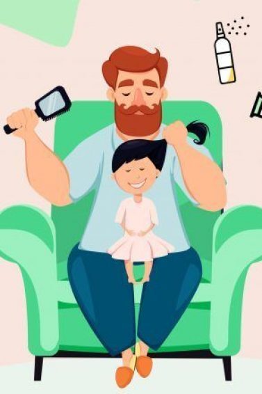 Ilustração de pai cuidando do cabelo da filha
