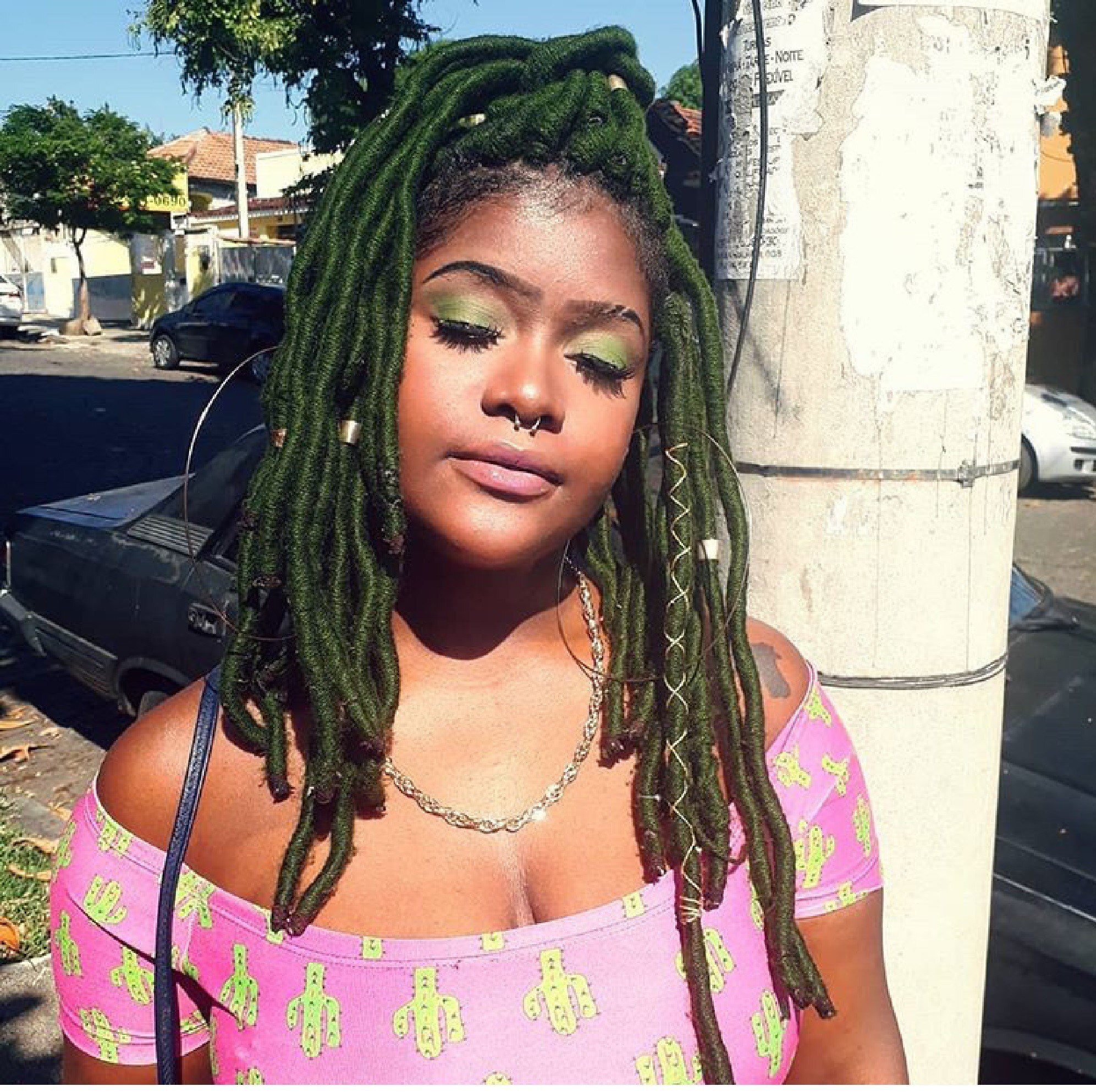 Dreads de lã compridos na cor verde