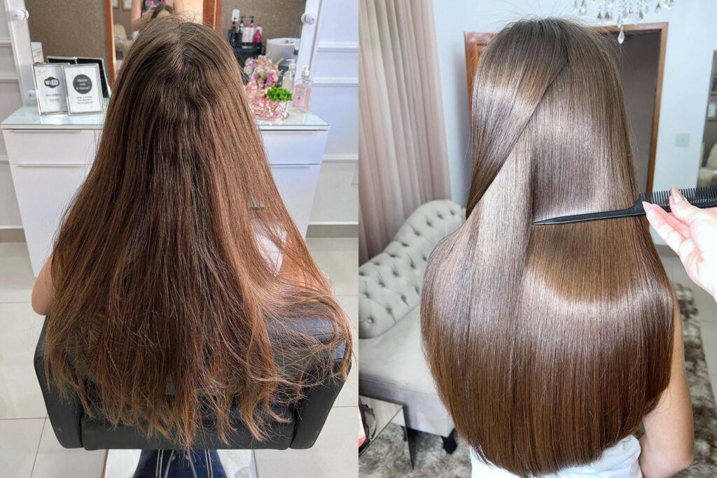 Antes e depois de alisamento a laser no cabelo castanho liso