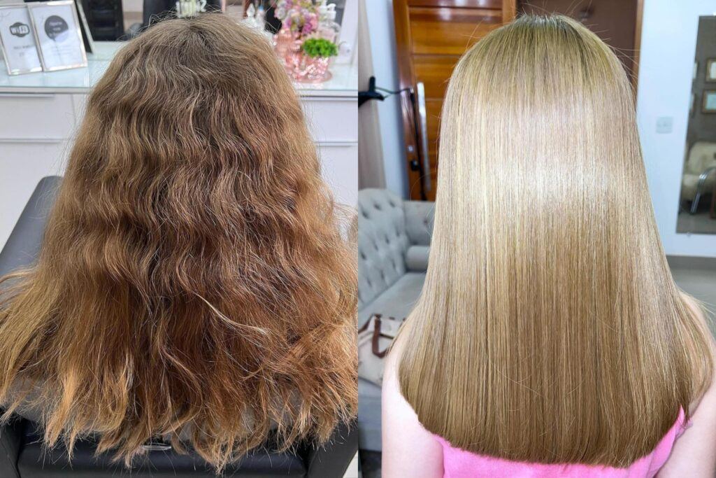 Antes e depois de alisamento a laser no cabelo loiro liso