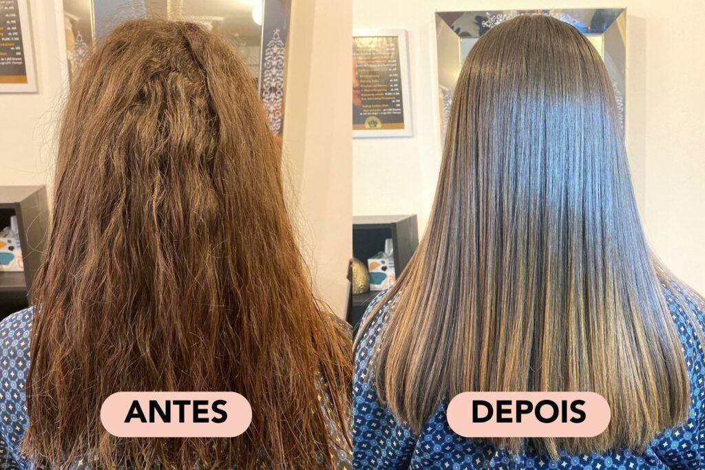 antes e depois de usar queratina líquida no cabelo
