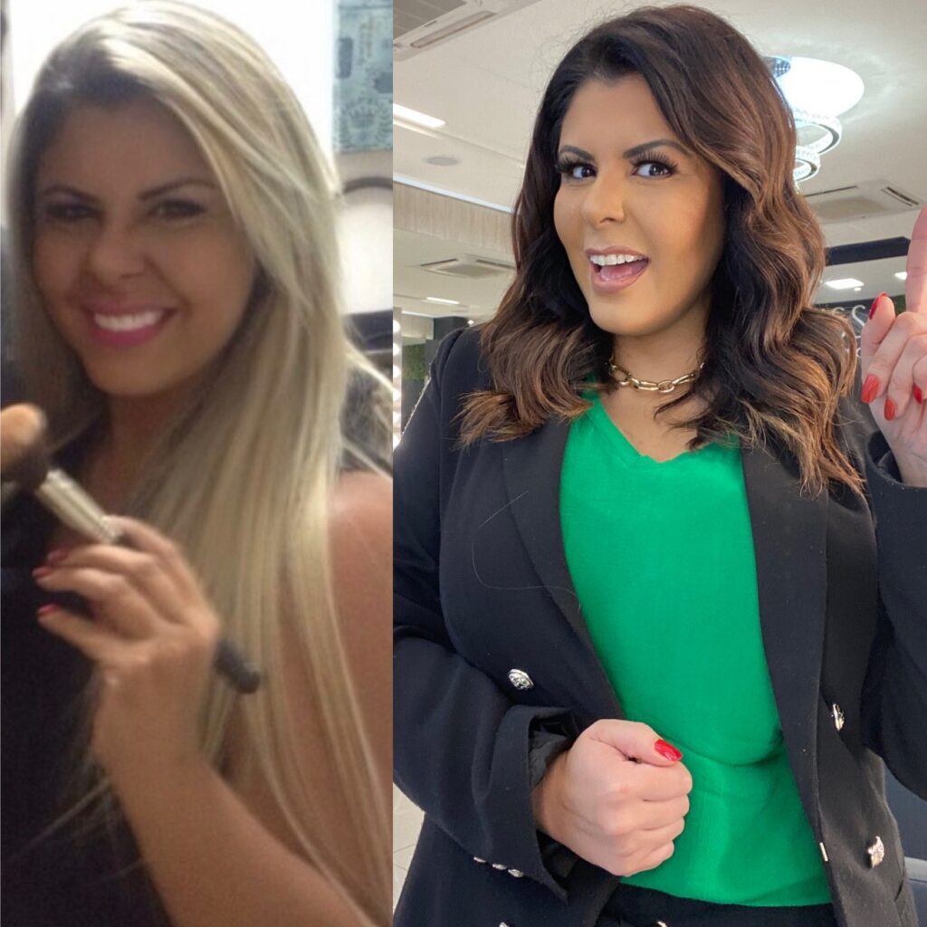 Mulher em foto de antes e depois de saber a paleta de cores de cabelo pessoal