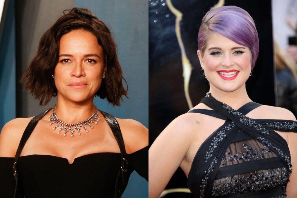 Montagem com famosas de rosto triangular: atriz Michelle Rodriguez e Kelly Osbourne - de vestido preto em evento social