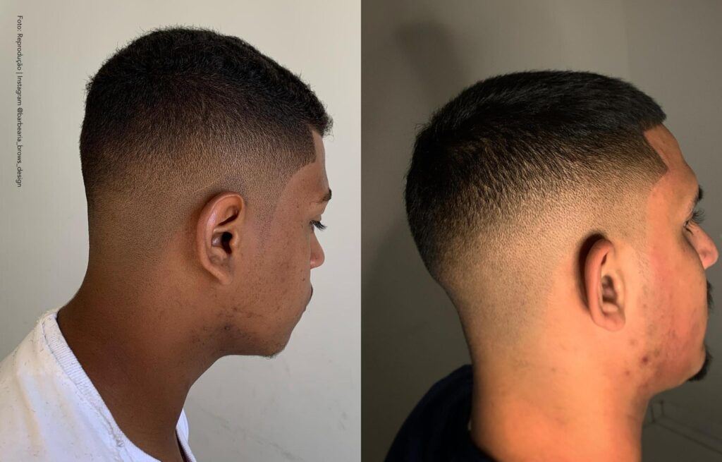 Foto de dois homens de costas com corte degradê no cabelo