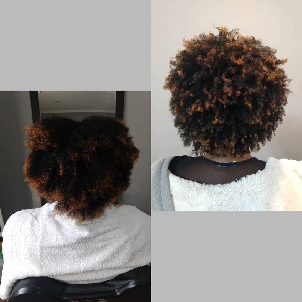 Foto de antes e depois do botox em cabelo crespo com luzes
