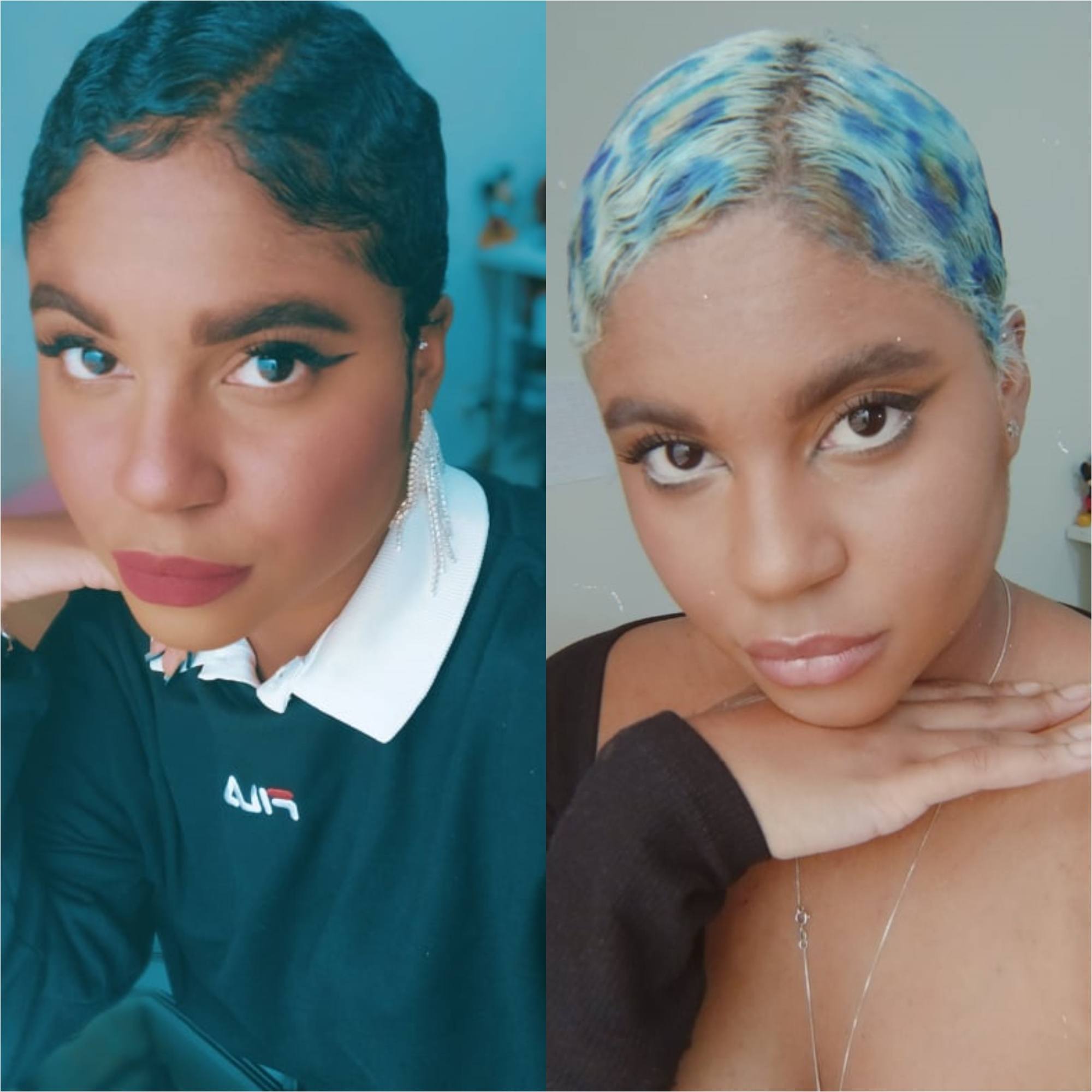 Antes e depois de mulher que resolveu mudar o cabelo na quarentena e pintou os fios de azul