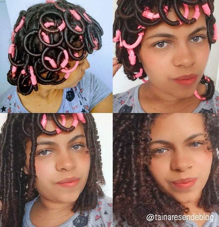 Menina mostrando o antes e depois do uso de bigudinho para cachear o cabelo