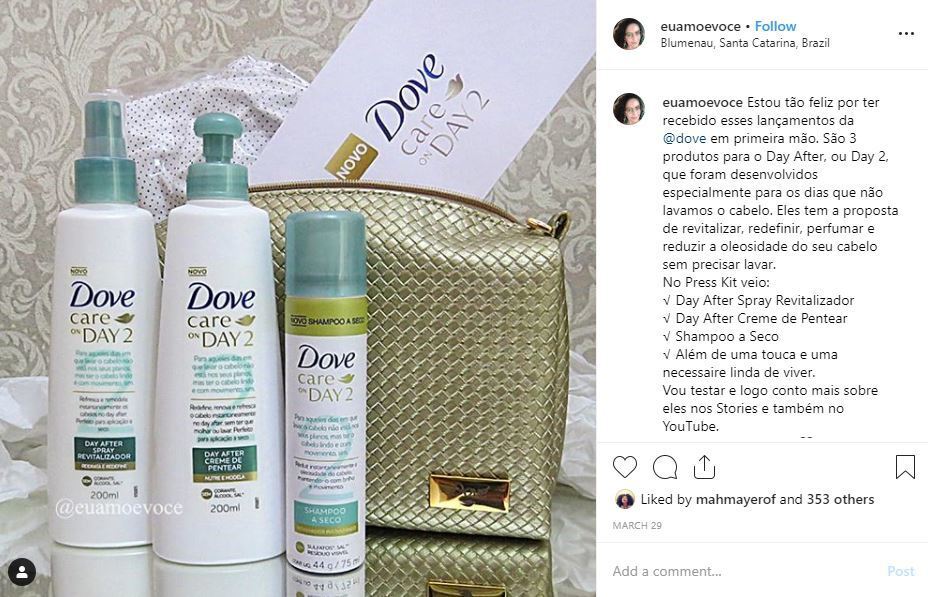 Post do Instagram @euamoevoce com o kit de produtos Dove Day 2