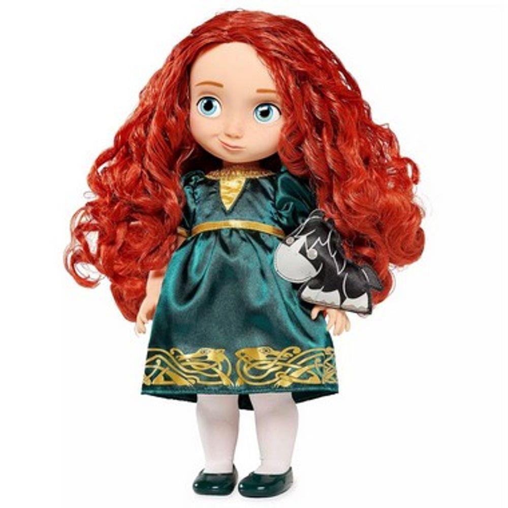 Boneca da Princesa Merida, de Valente, com cabelos cacheados longos e vermelhos