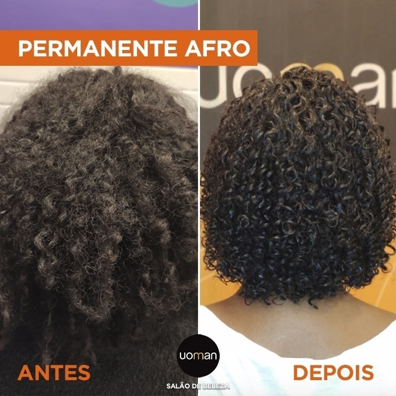 mulher em antes e depois do cabelo com permanente afro