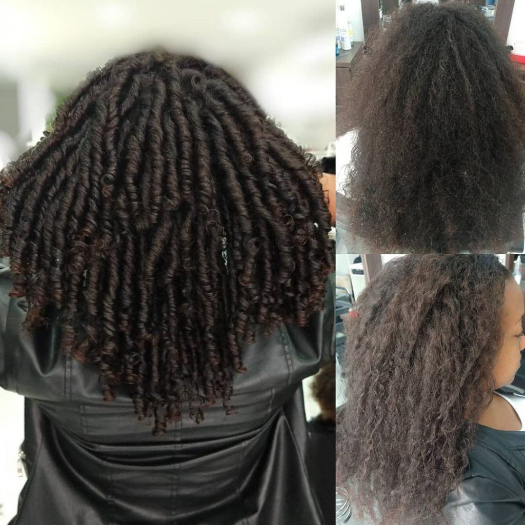 Foto com antes e depois do permanente afro no cabelo