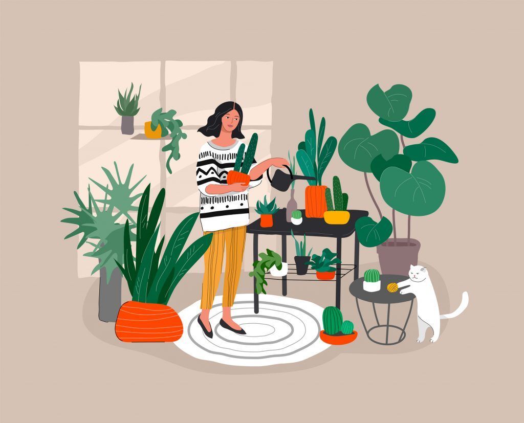 Ilustração com mulher regando suas plantas em casa