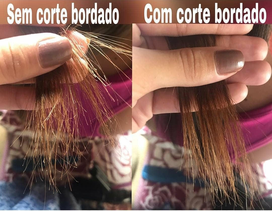 Antes e depois de cabelos com corte bordado