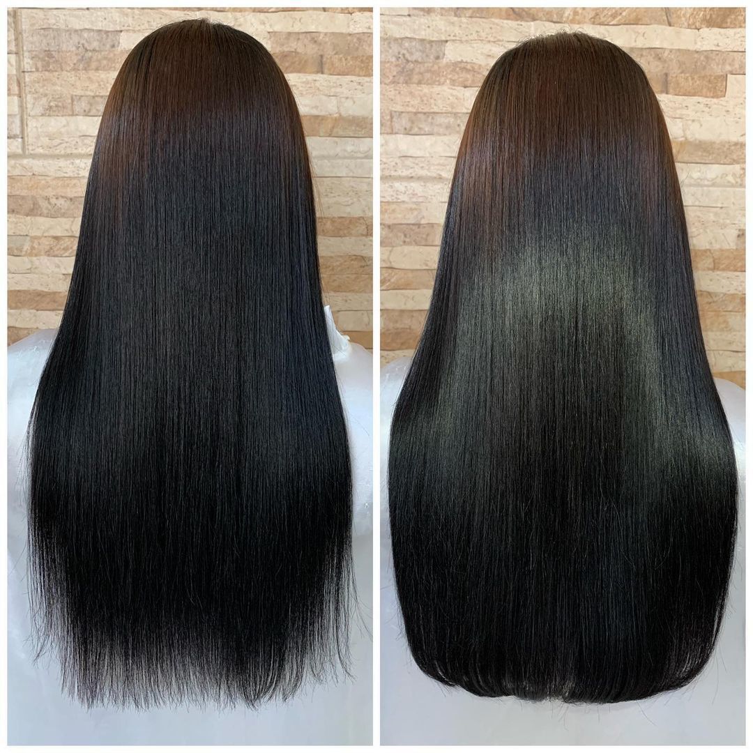 Antes e depois de cabelo longo com corte bordado
