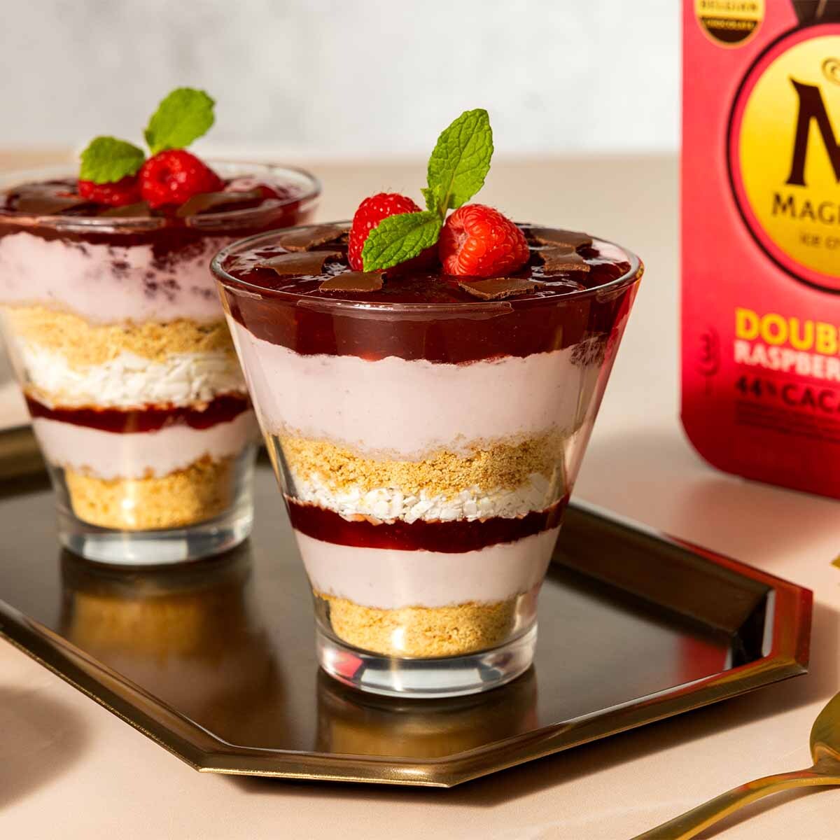 Close-up of Layered Double Raspberry Chocolate Cups