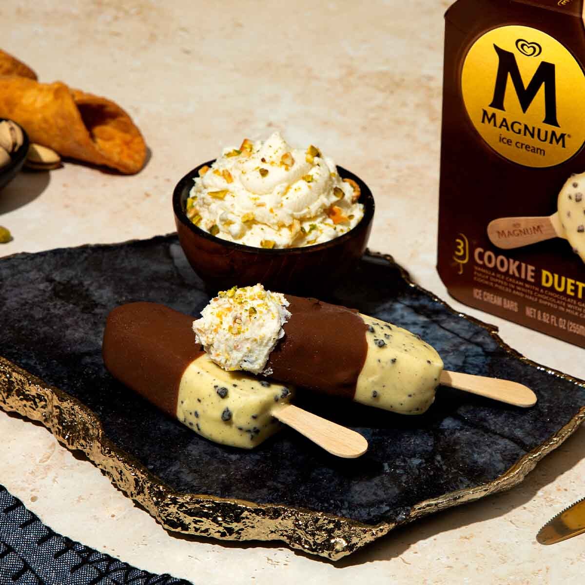 Cannoli dip and Magnum Cookie Duets on stone plate