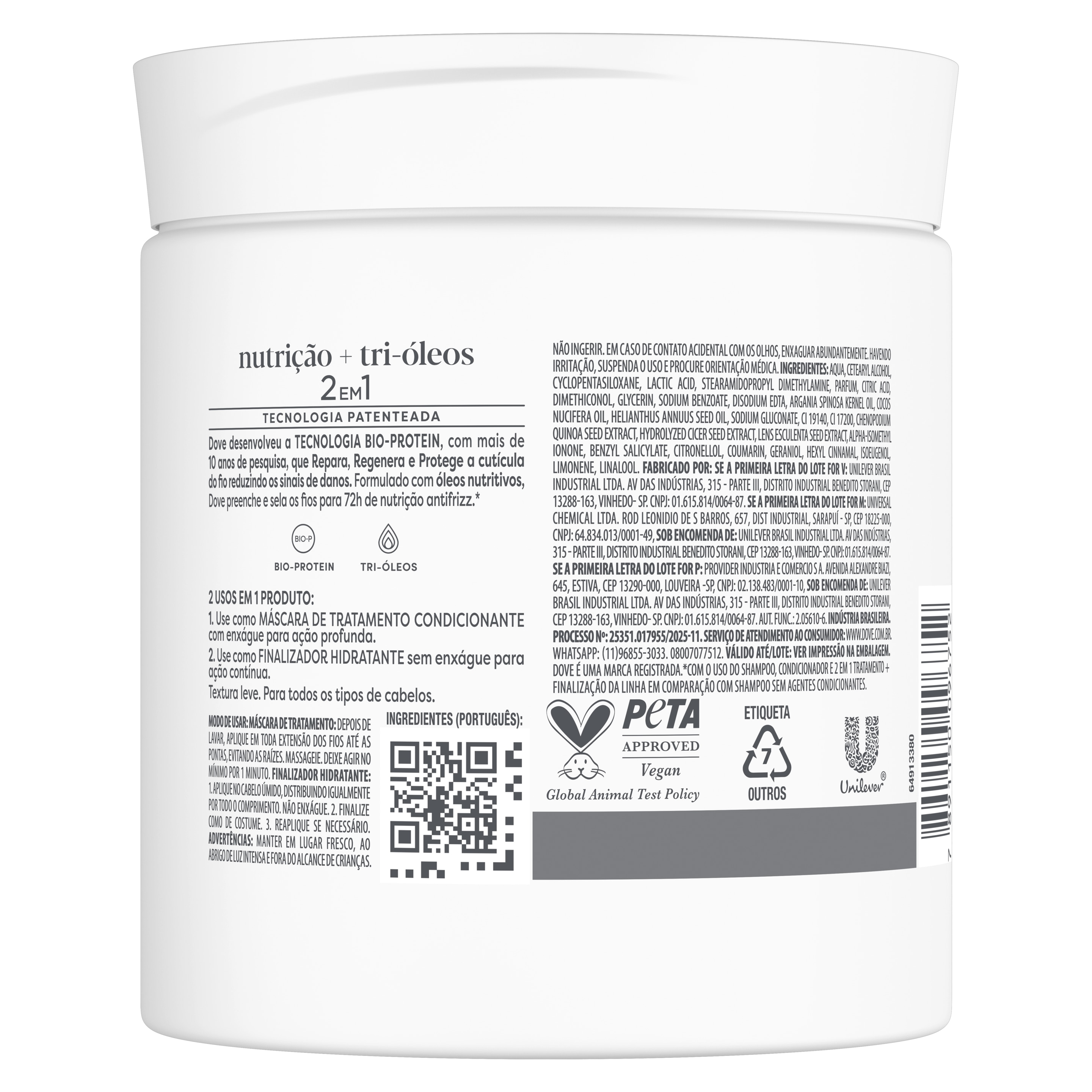 Máscara de Tratamento + Finalizador DOVE 2 em 1 Nutrição + Fusão de Óleos 500g