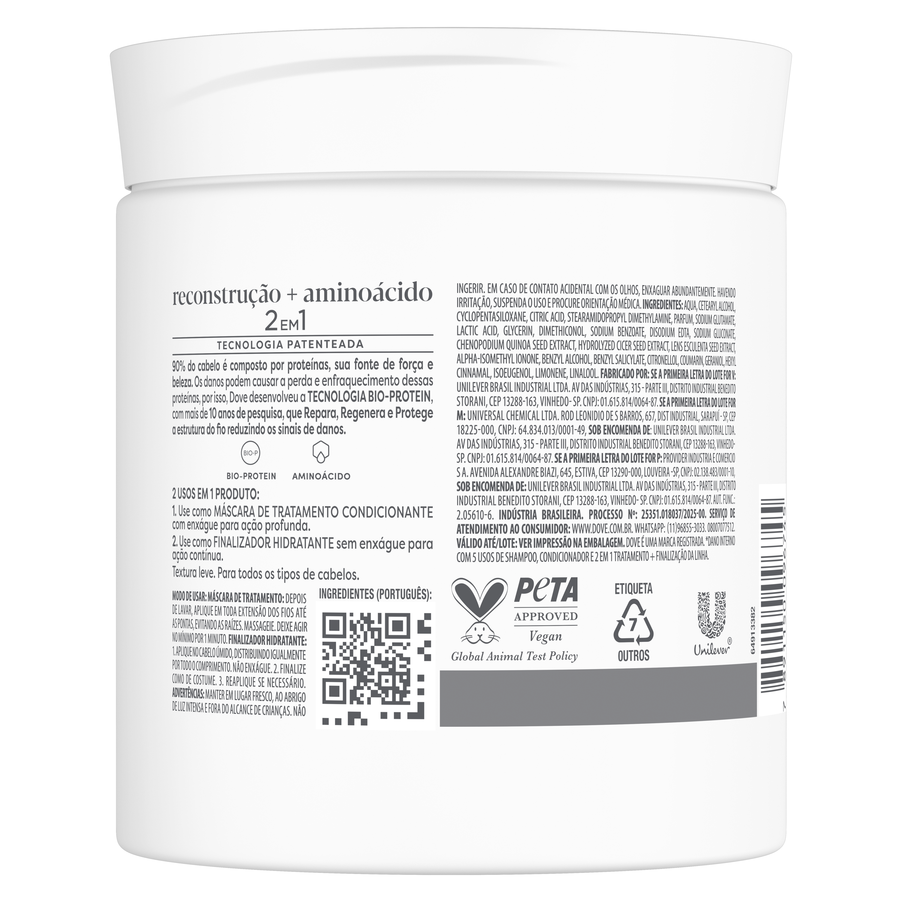 Dove Máscara Capilar 2 em 1 Reconstrução + Aminoácido 500g