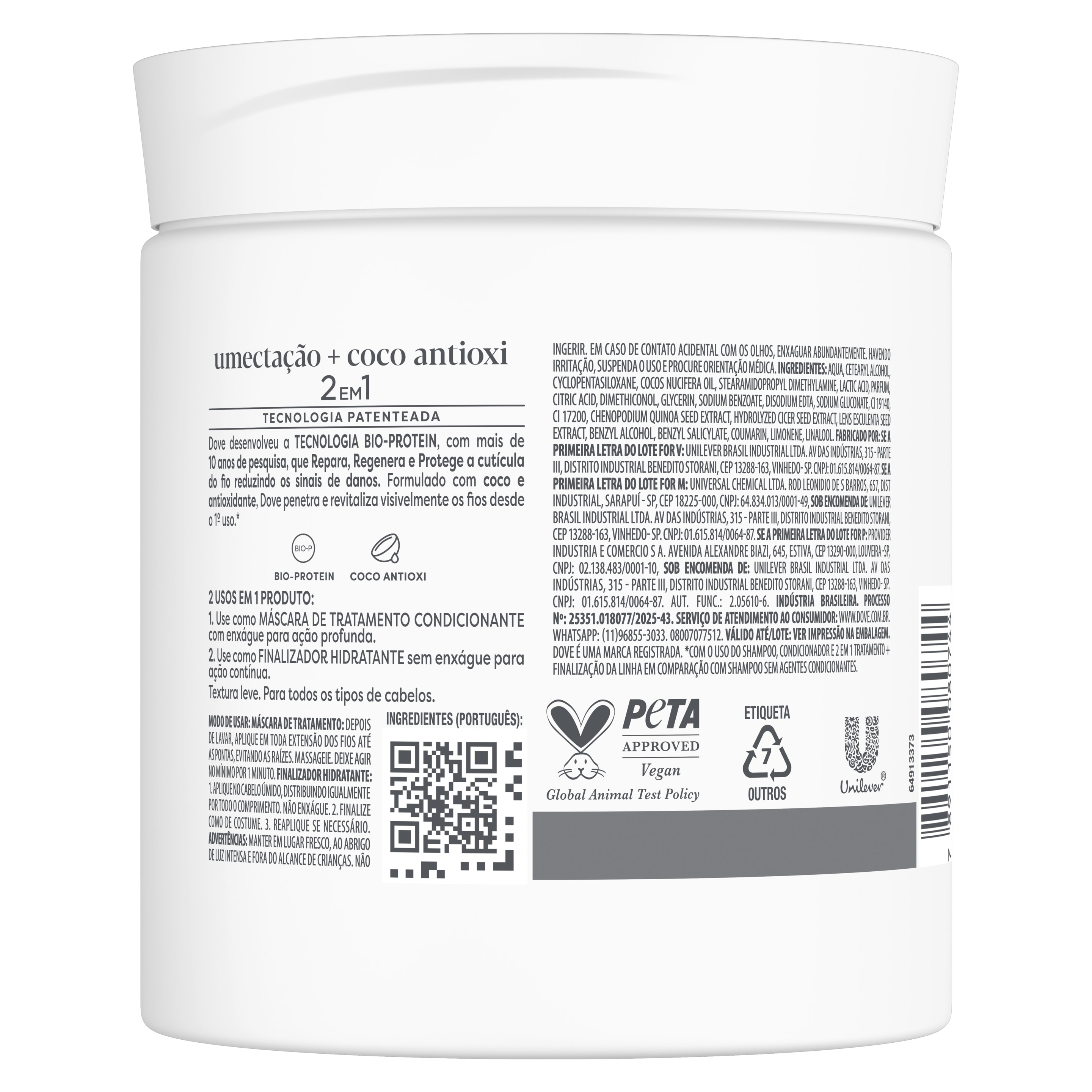 Dove Máscara Capilar 2 em 1 Umectação + Coco Antioxi 500g