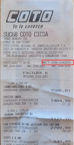 Ticket de supermercado Coto