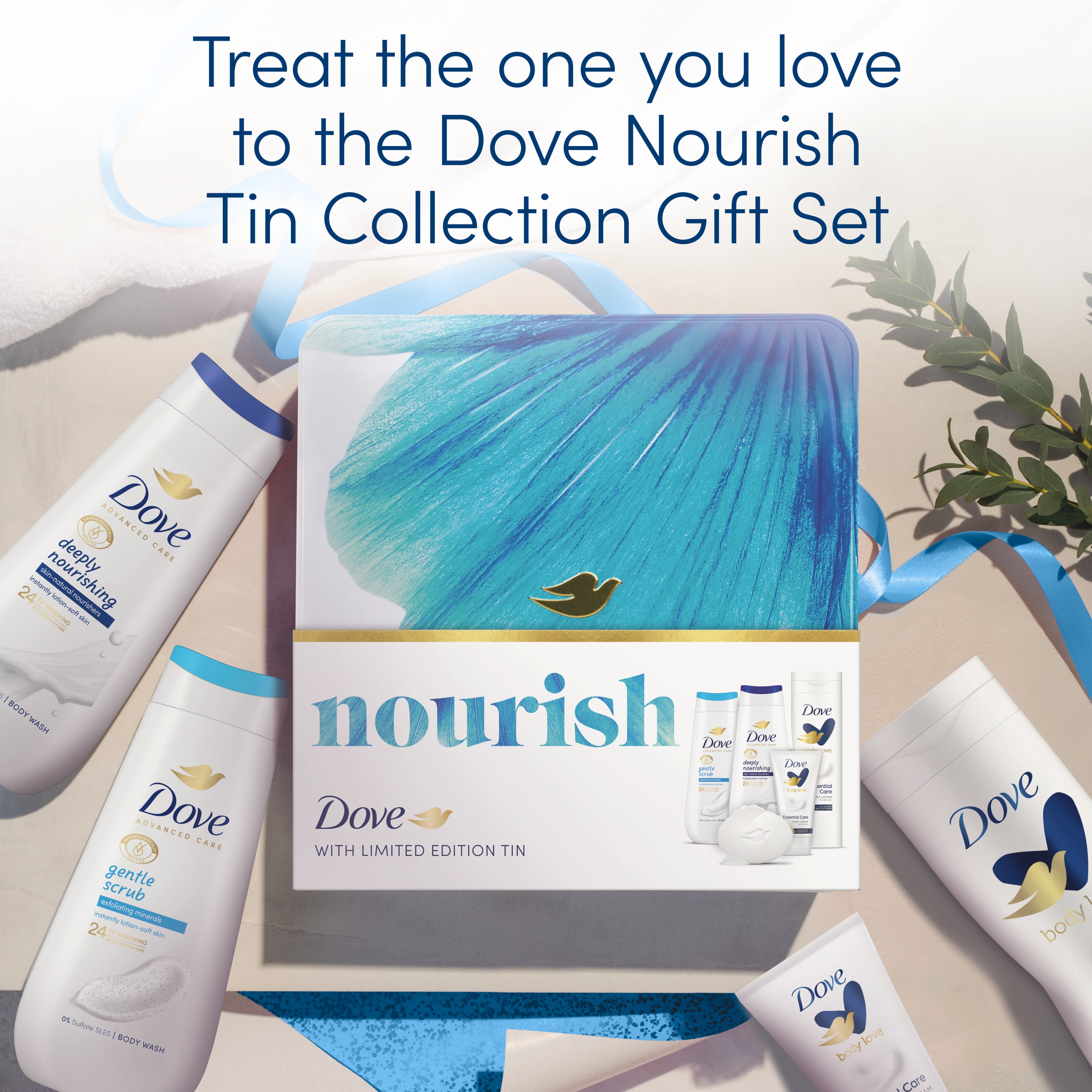 Unbranded Dove Nourish Tin Collection with two body washes, a beauty bar, a hand cream, a body lotion and a Limited Edition Tin Gift Set perfect for any occasion 5 piece packshot