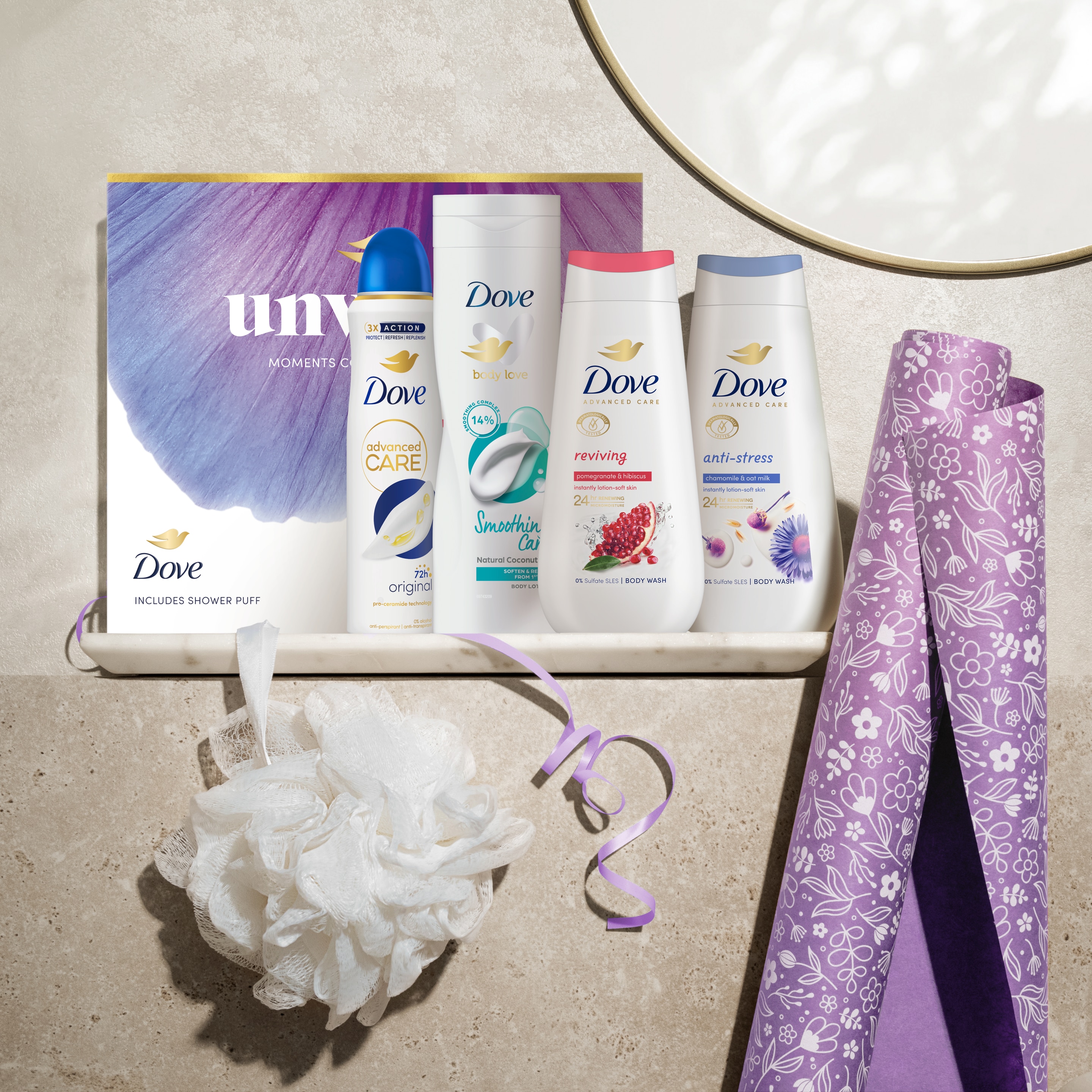 Dove Unwind Moments Collection with two body washes, an anti-perspirant, a body lotion and a Shower Puff Gift Set perfect for any occasion 4 piece packshot
